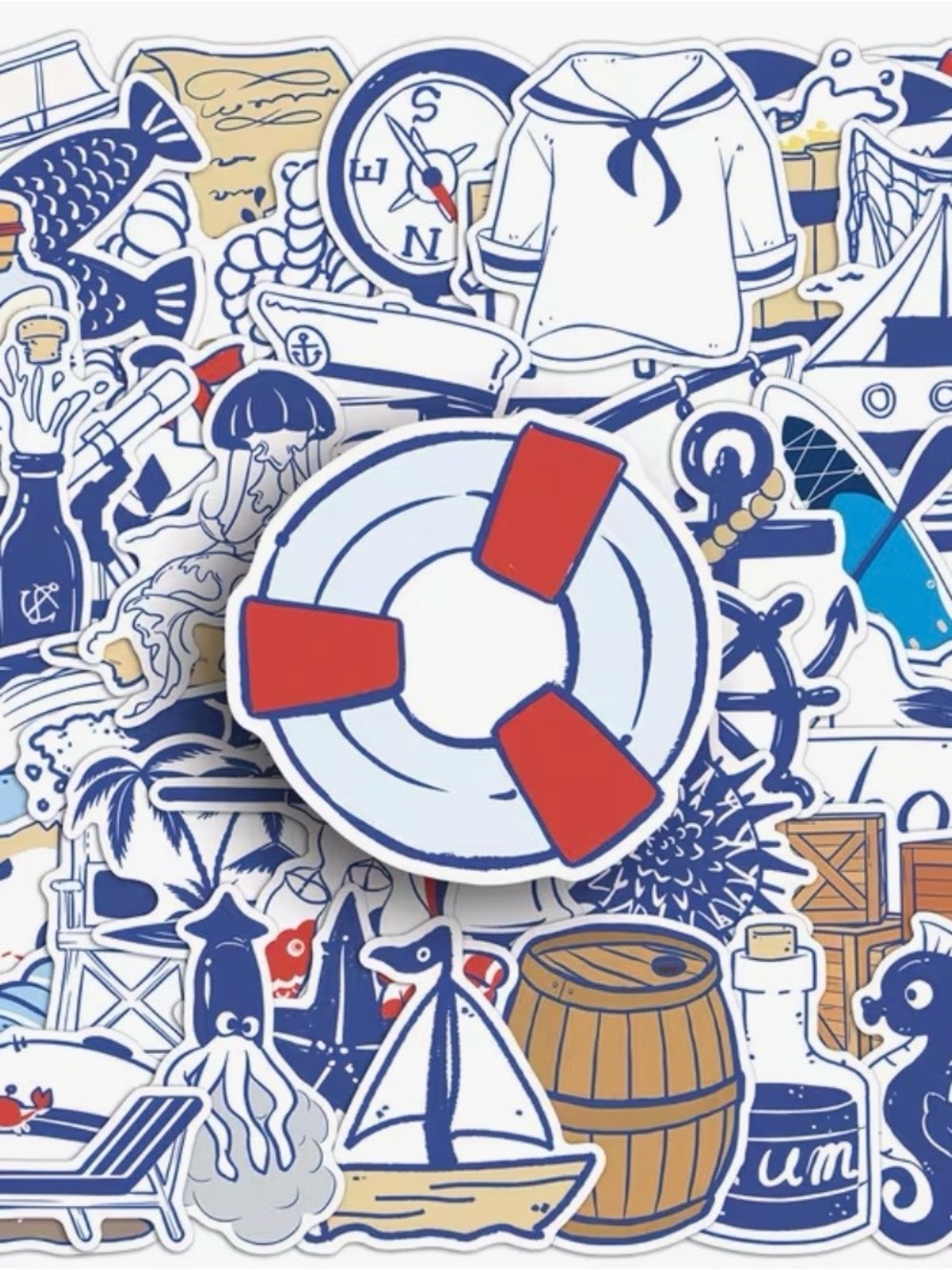50 Blue White Nautical Stickers Anchor Ship Sailor Fish Lighthouse Rope Shell - Picture 5 of 16